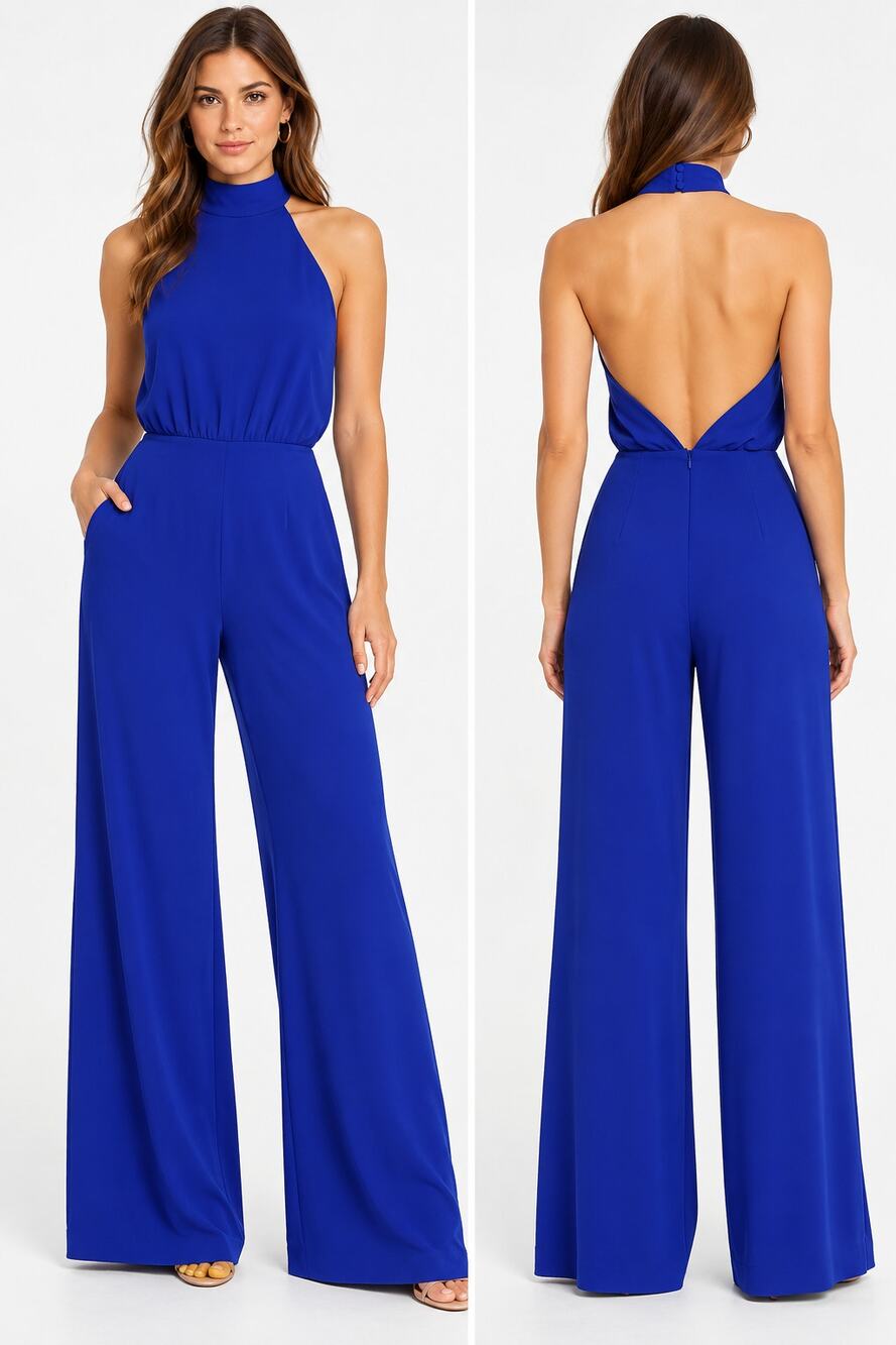 Lulus Moment For Life Jumpsuit M Cobalt Blue Halter Open Back Wide Leg NWT